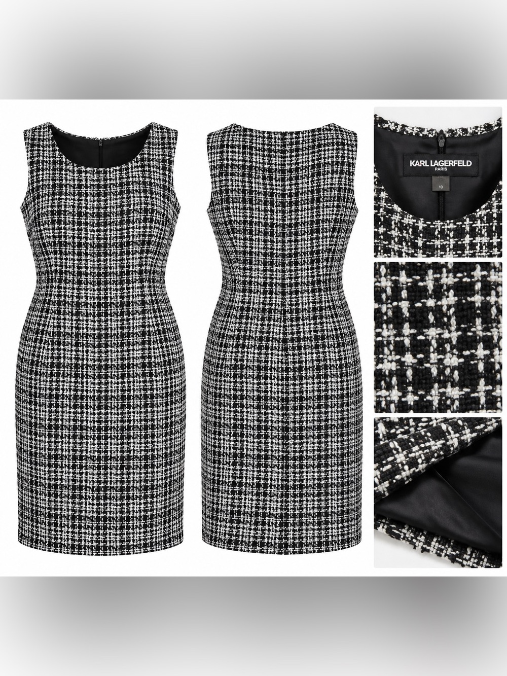 Karl Lagerfeld Paris Black White Tweed Bouclé Sleeveless Shift Dress Sz 10